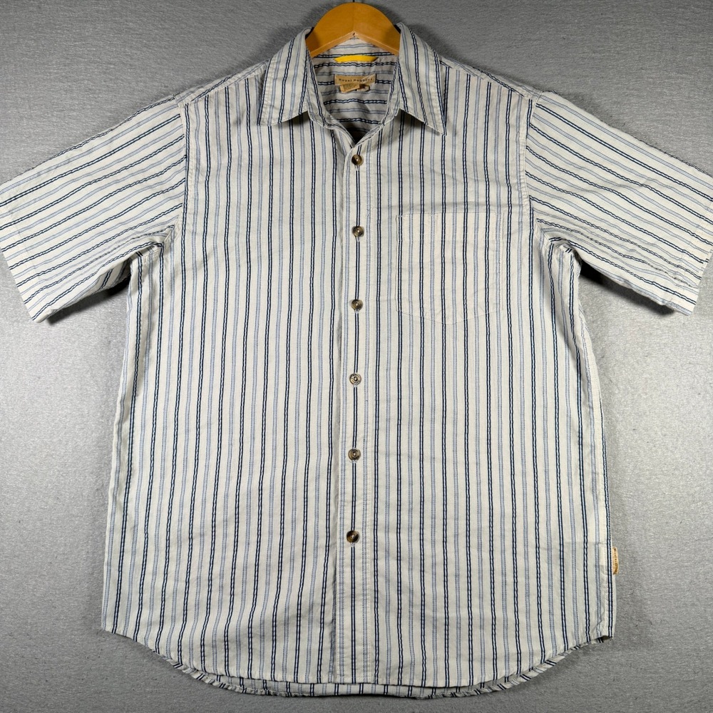Vintage Royal Robbins Mens M White Blue Striped Short Sleeve Button Up Shirt
